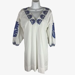 Madewell Dress Embroidered Boho Cottage Core Floral Shift Dress White Blue Small